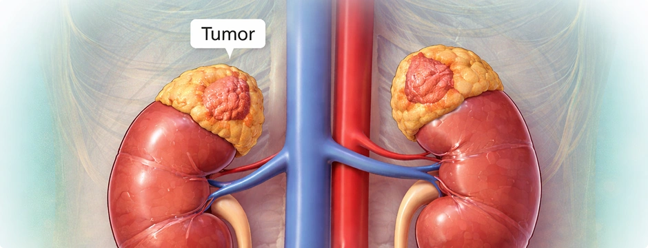 A medical illustration showing bright orange adrenal glands above the kidneys in a semi-transparent torso, depicting adrenal function or disorders.