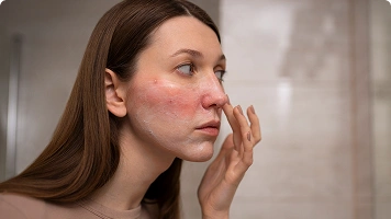 A person scratching a red, irritated rash on the inside of their elbow