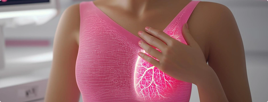 Medical illustration of female breasts highlighting lobules and ducts in orange, showing the internal structure of breast tissue.