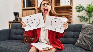 Woman showing mood swings – Composite image of a woman with three overlapping expressions: calm, distressed, and yelling,