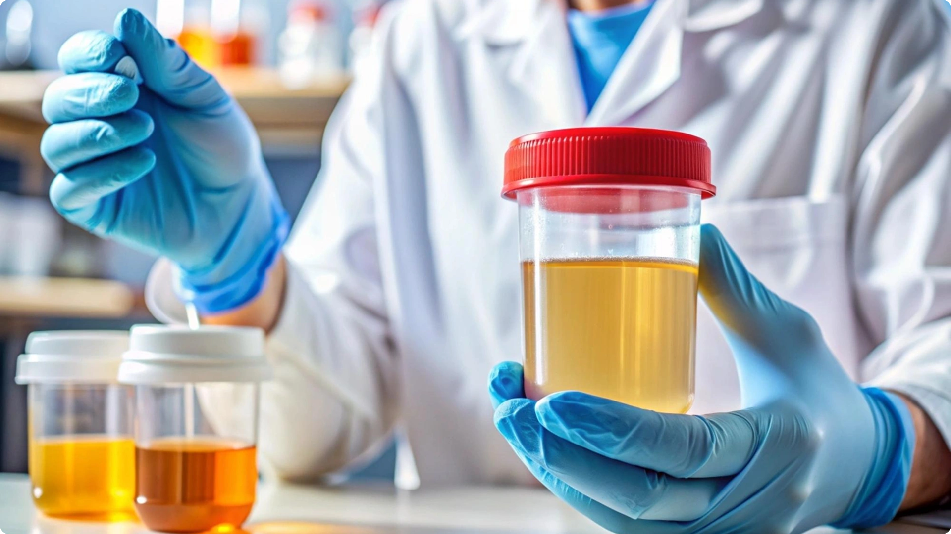 Gloved hand holding medical samples