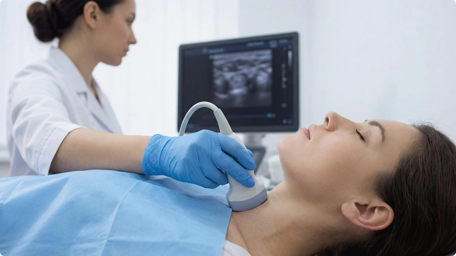 Doctor performing a thyroid ultrasound on a woman’s neck.
