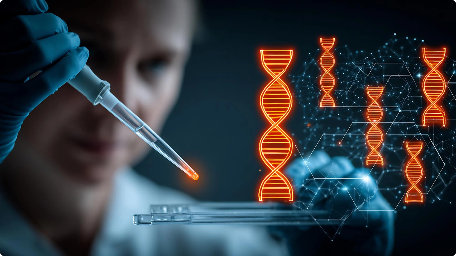 A lab technician’s gloved hand holding a test tube with a red liquid, shown beside a digital representation of a DNA double helix
