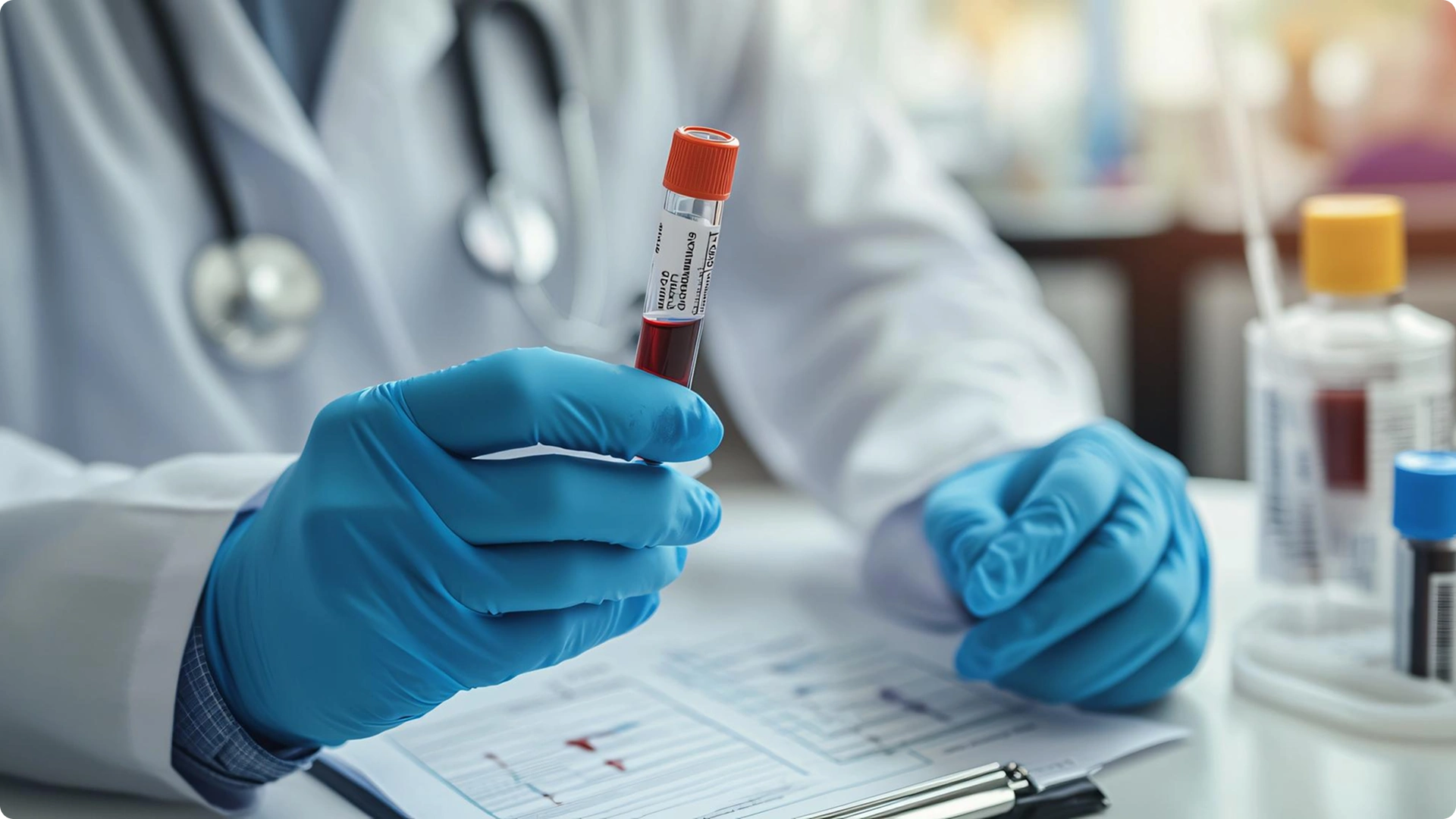 Gloved hand holding a blood sample tube labeled over a lab report with thyroid hormone results.