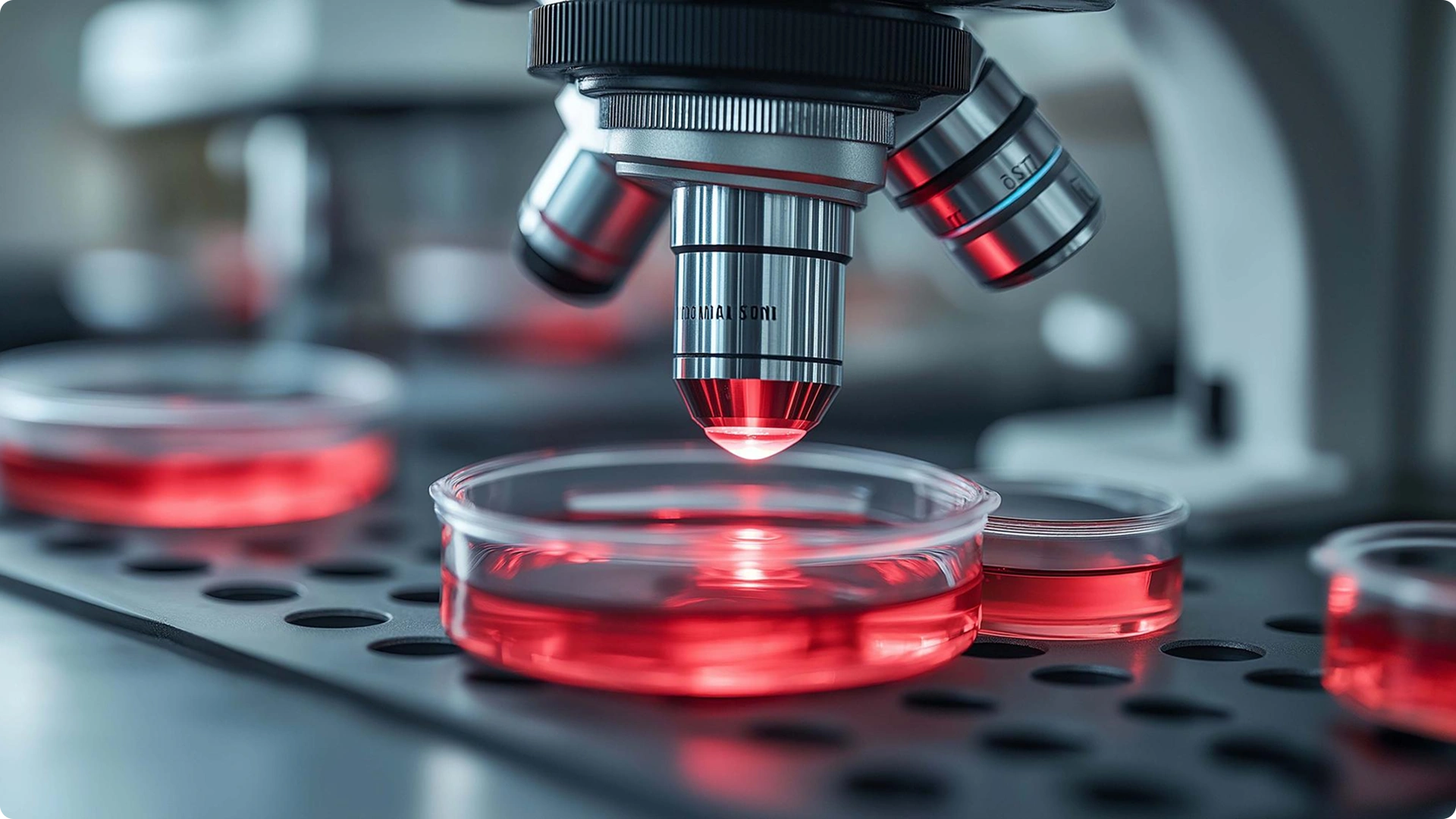 Lab technician handling stained tissue slides.