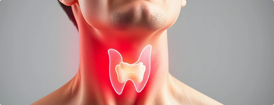 Illustration of the thyroid gland glowing inside a human neck.