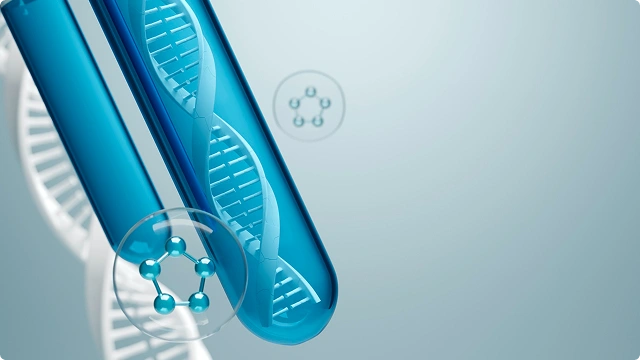 A lab technician’s gloved hand holding a test tube with a red liquid, shown beside a digital representation of a DNA double helix