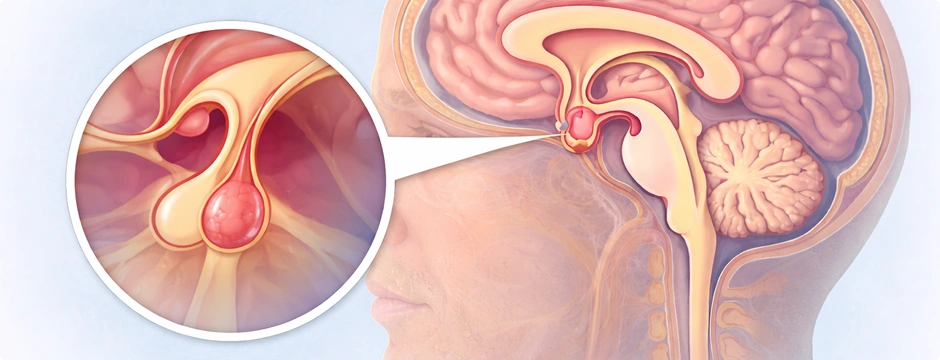 A medical illustration showing a side view of the human brain with a highlighted and magnified view of the pituitary gland.