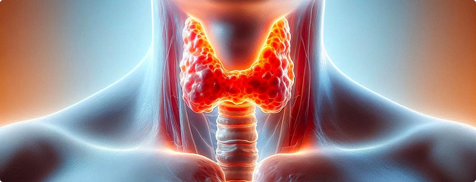 Illustration of thyroid gland with highlighted cancerous cells.