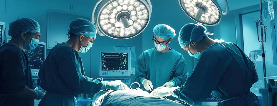 Alt txt: Endocrinologist performing thyroid surgery in operating room