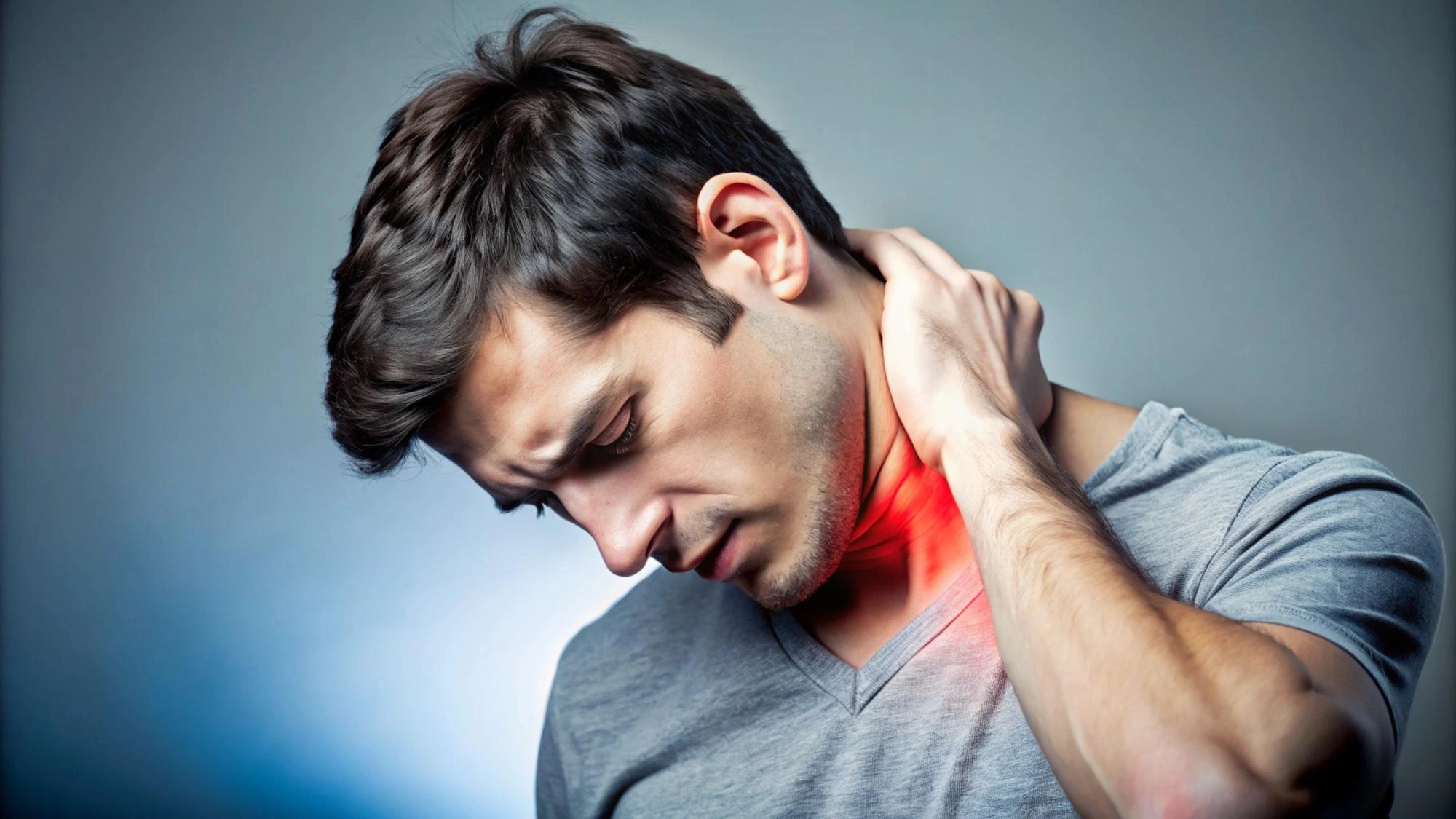 Person touching their throat, appearing to feel discomfort.