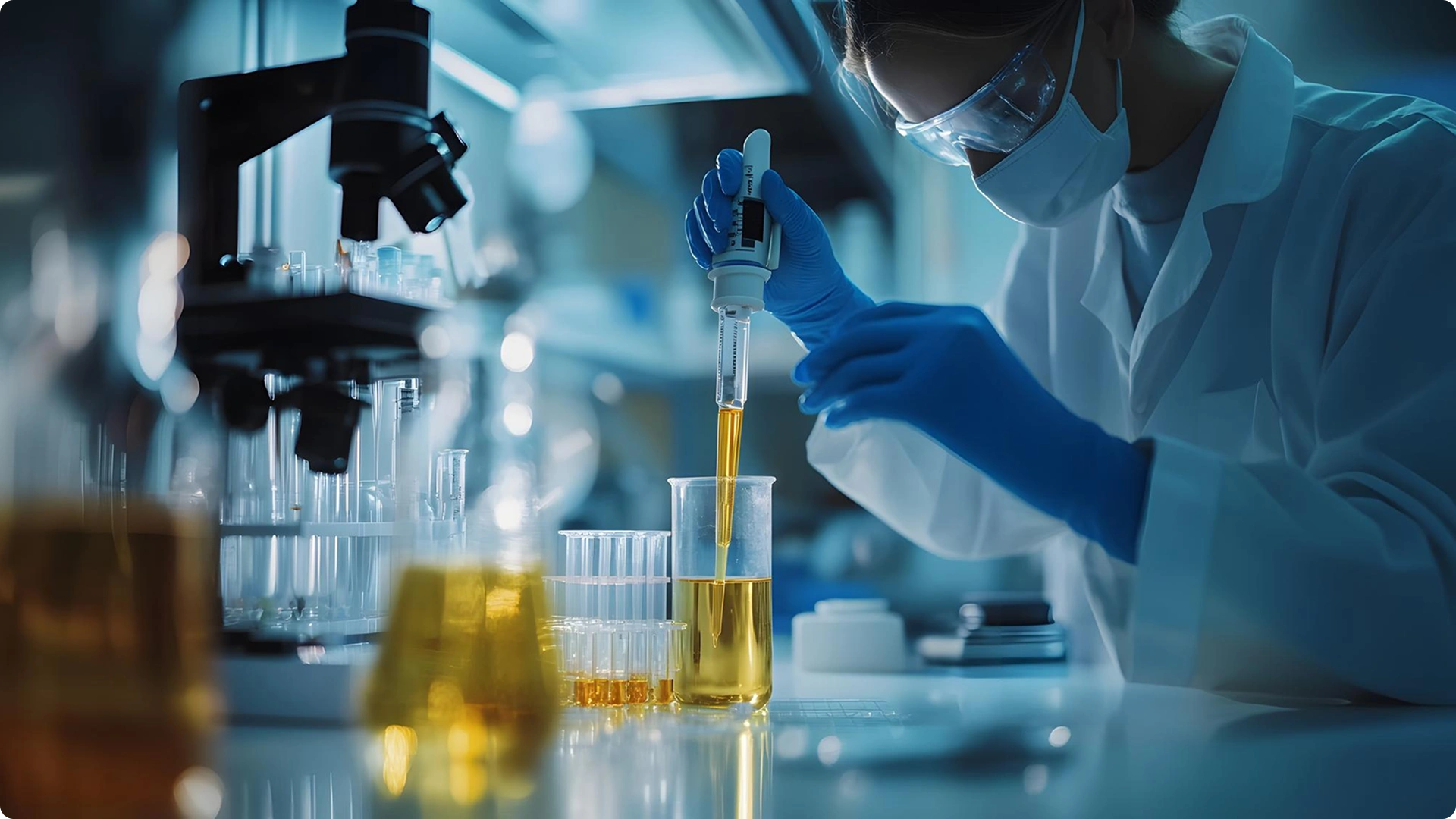 Scientist’s gloved hand using a pipette with a molecular model graphic in the background.